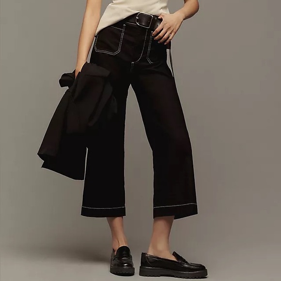 Anthropologie Maeve The Colette Pants Black Contrast Stitch Edition Wide Leg - Picture 6 of 13